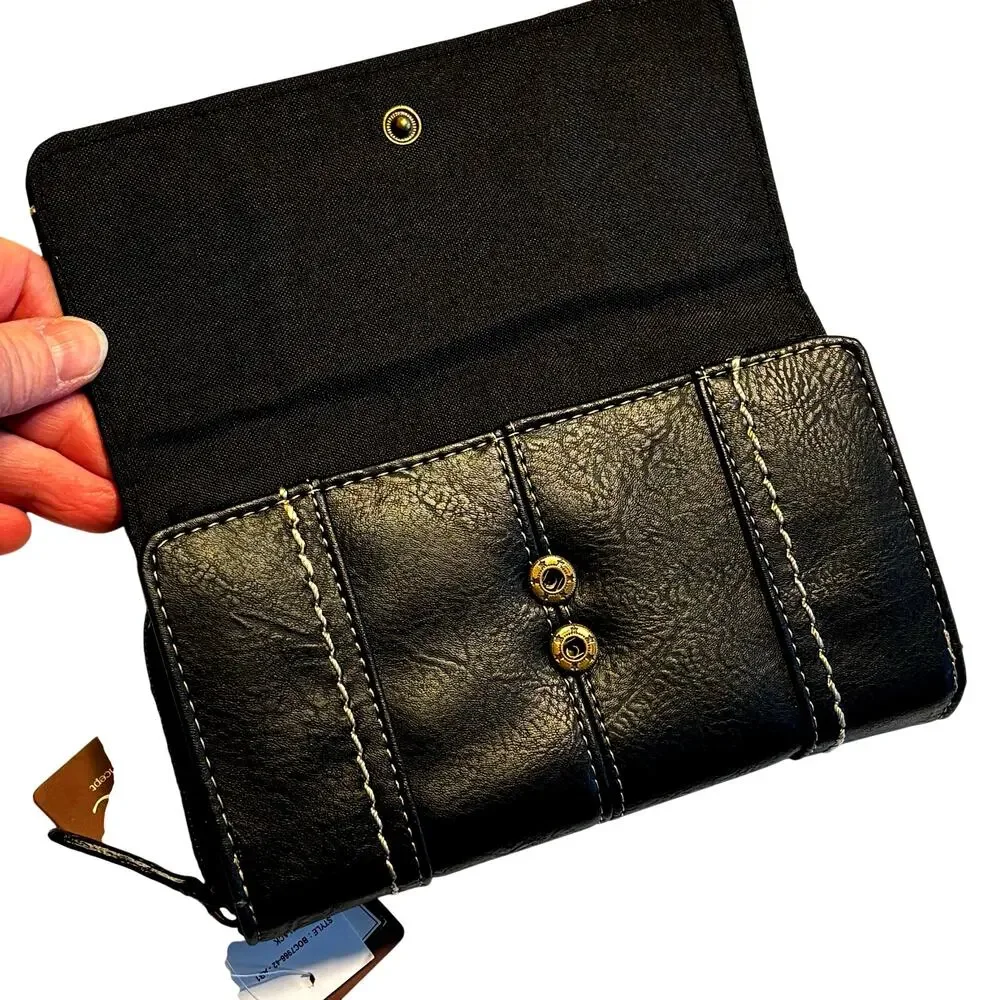 BOC black stitched leather wallet women's clutch purse trifold design NEW w/ tag